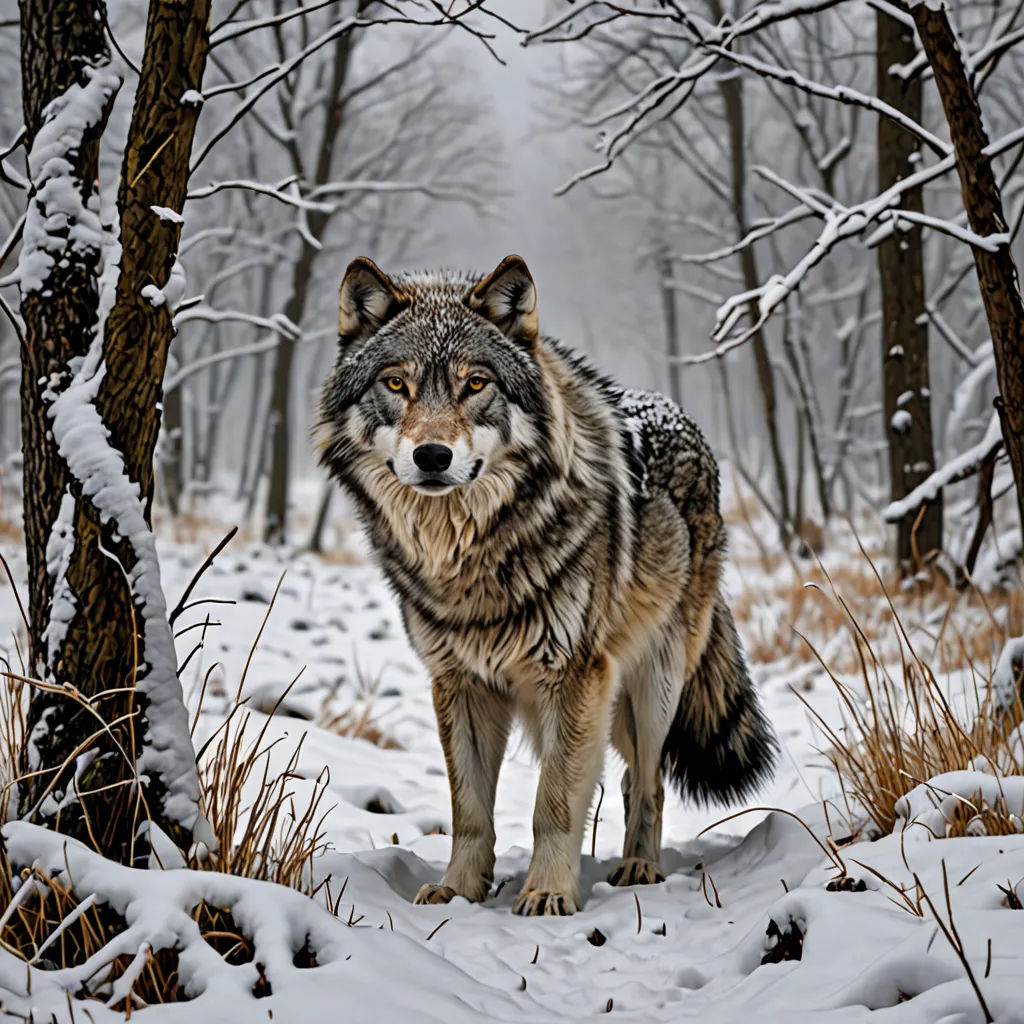 a wolf standing in the snow in a forest with trees and snow covered ground and bushes and grass and snow, naturalism, a colorized photo, Caspar Wolf, wildlife photography