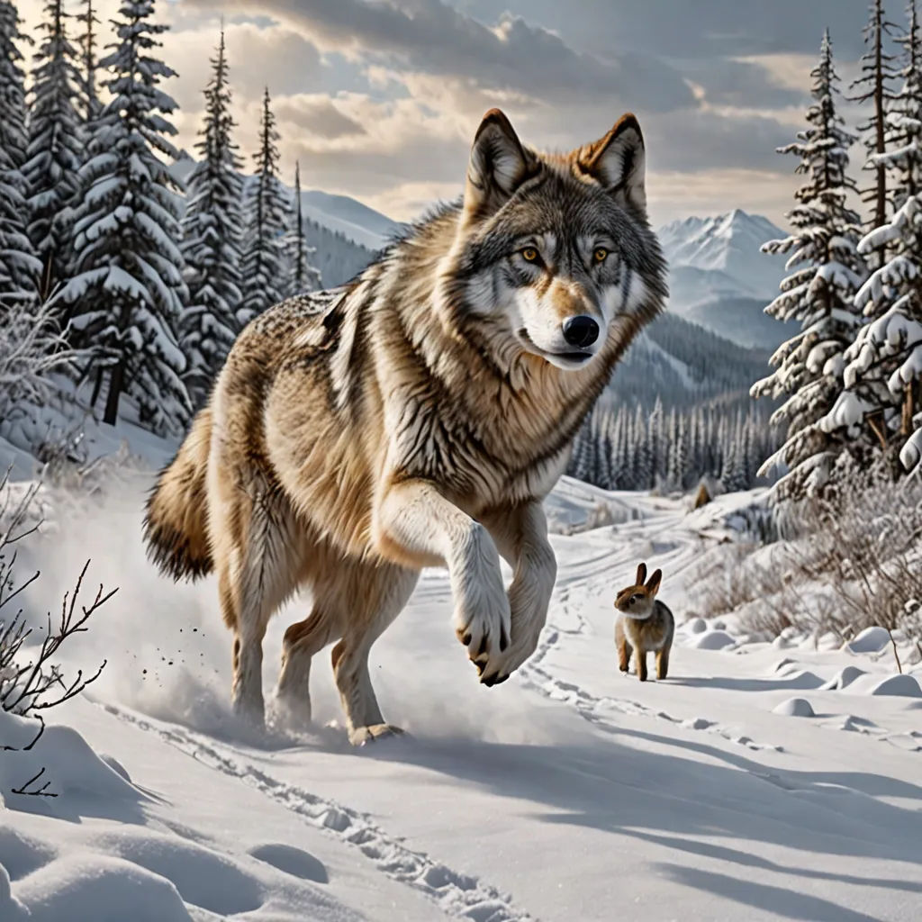 a wolf running through a snowy forest with a dog nearby in the snow, with a sky background and clouds, furry art, an airbrush painting, Chris LaBrooy, highly detailed digital painting