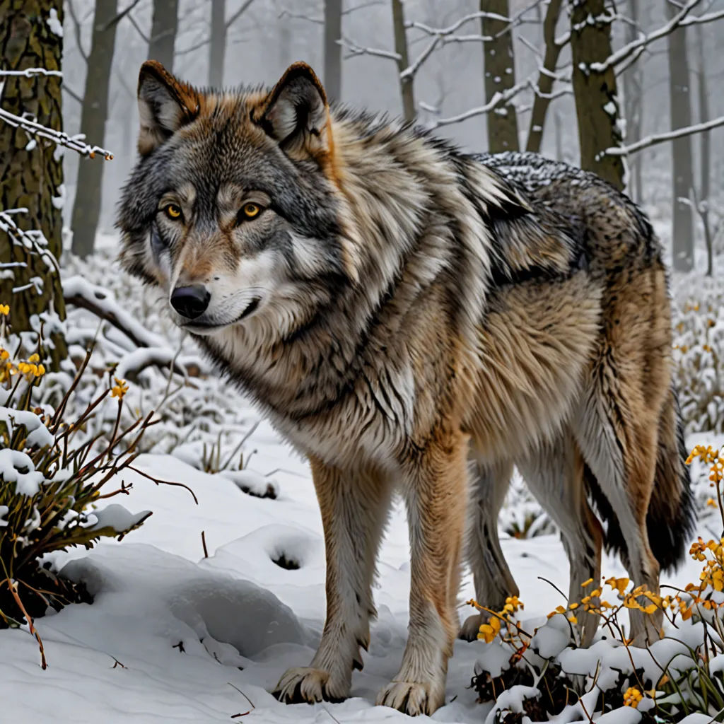 a wolf standing in the snow in a forest with yellow flowers and trees in the background and snow on the ground, naturalism, a digital rendering, Caspar Wolf, wildlife photography