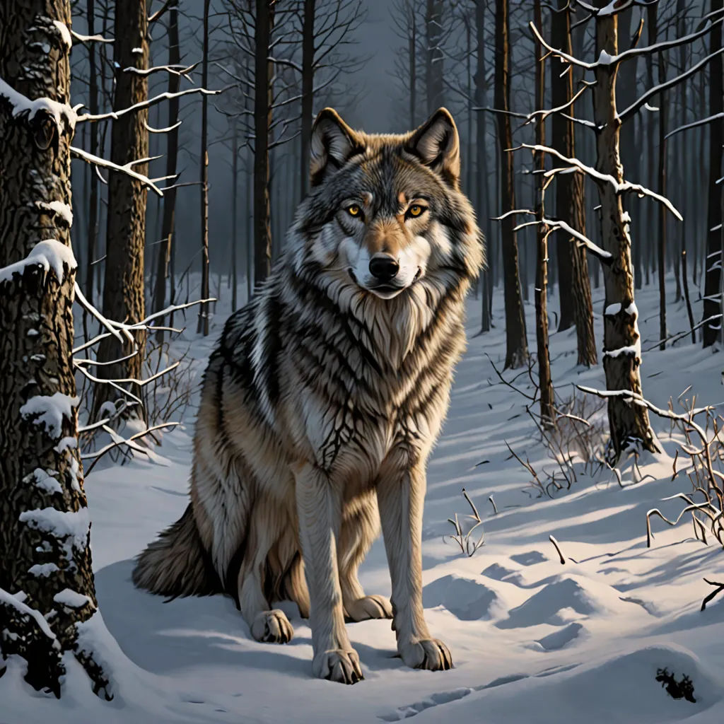 a wolf standing in the snow in a forest with trees and snow covered ground and a few branches and branches, furry art, an airbrush painting, Dan Mumford, highly detailed digital painting