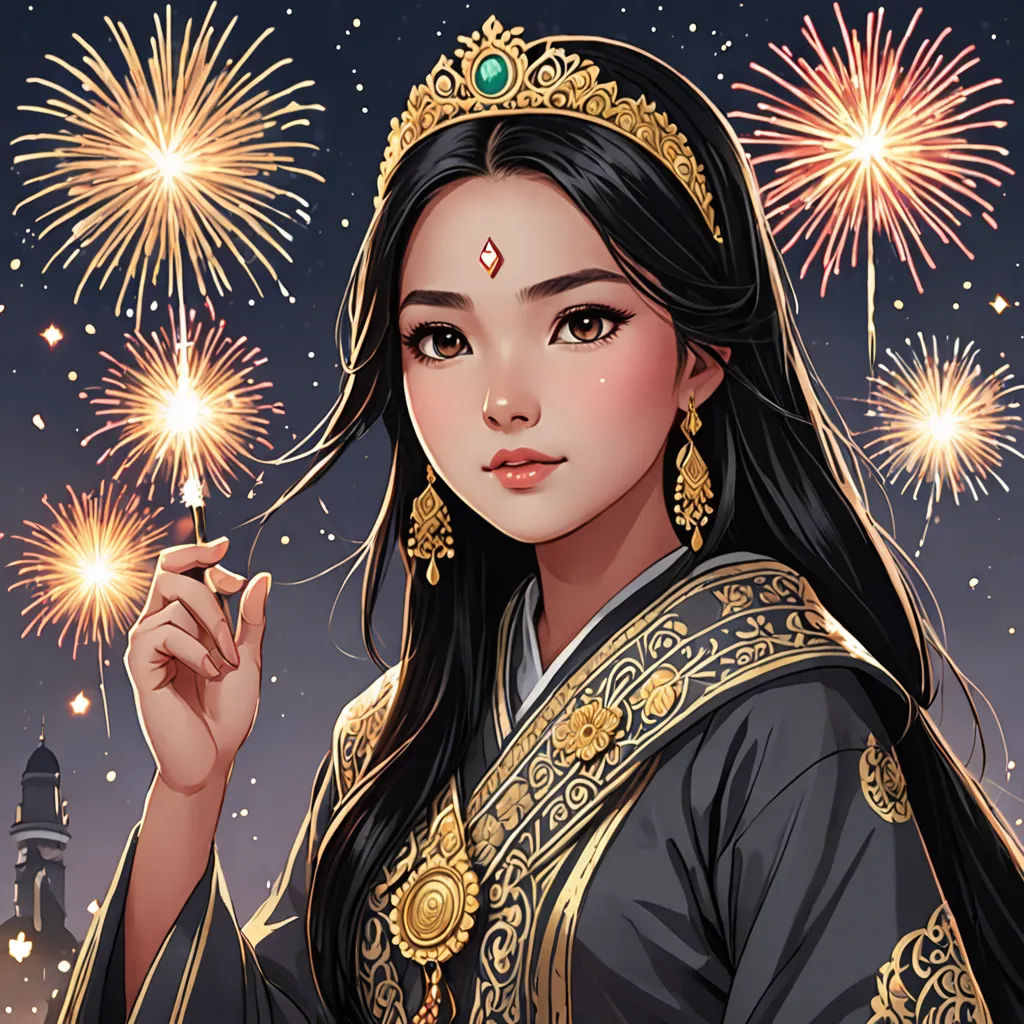 a woman in a traditional chinese dress holding a lit sparkler in her hand and a fireworks in the background, fantasy art, a detailed painting, Fan Qi, fantasy character portrait