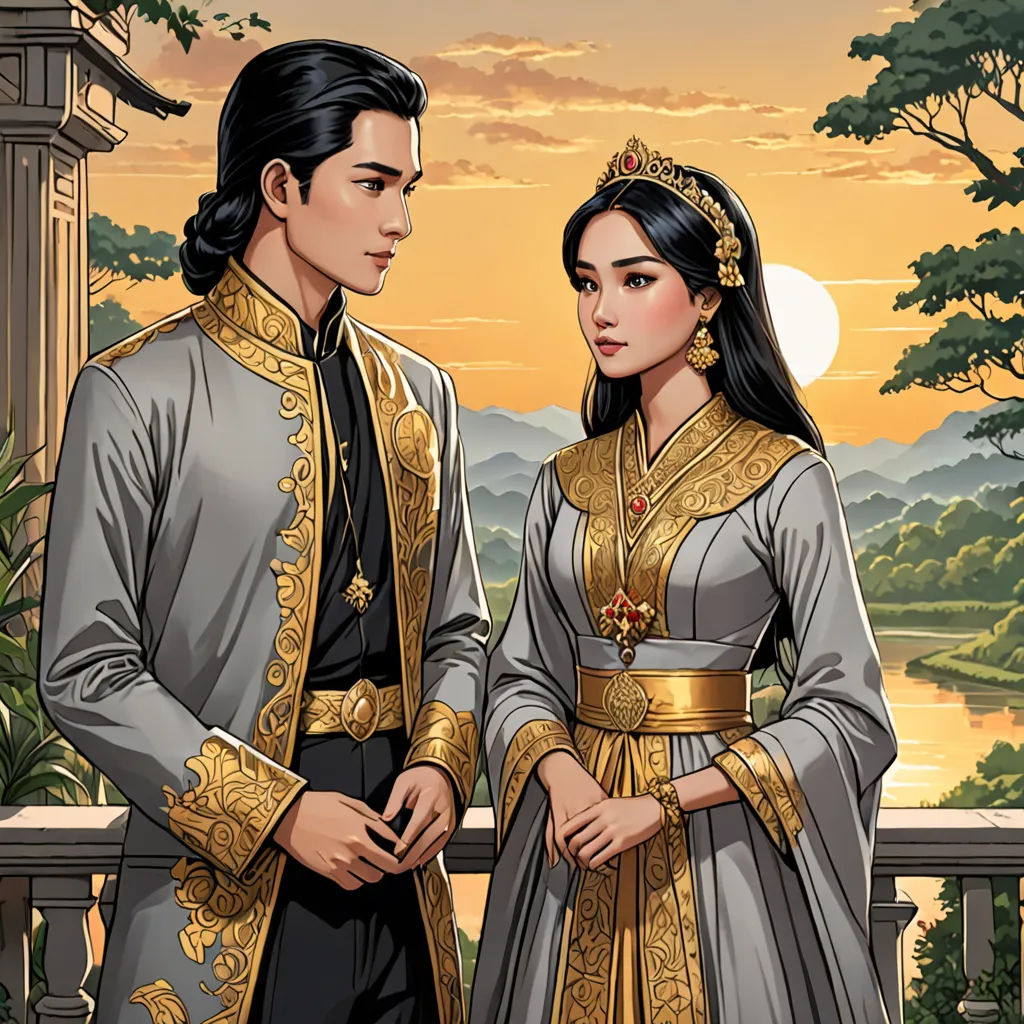 a man and a woman dressed in medieval clothing standing next to each other in front of a sunset and a lake, fantasy art, a storybook illustration, Chen Chun, official art