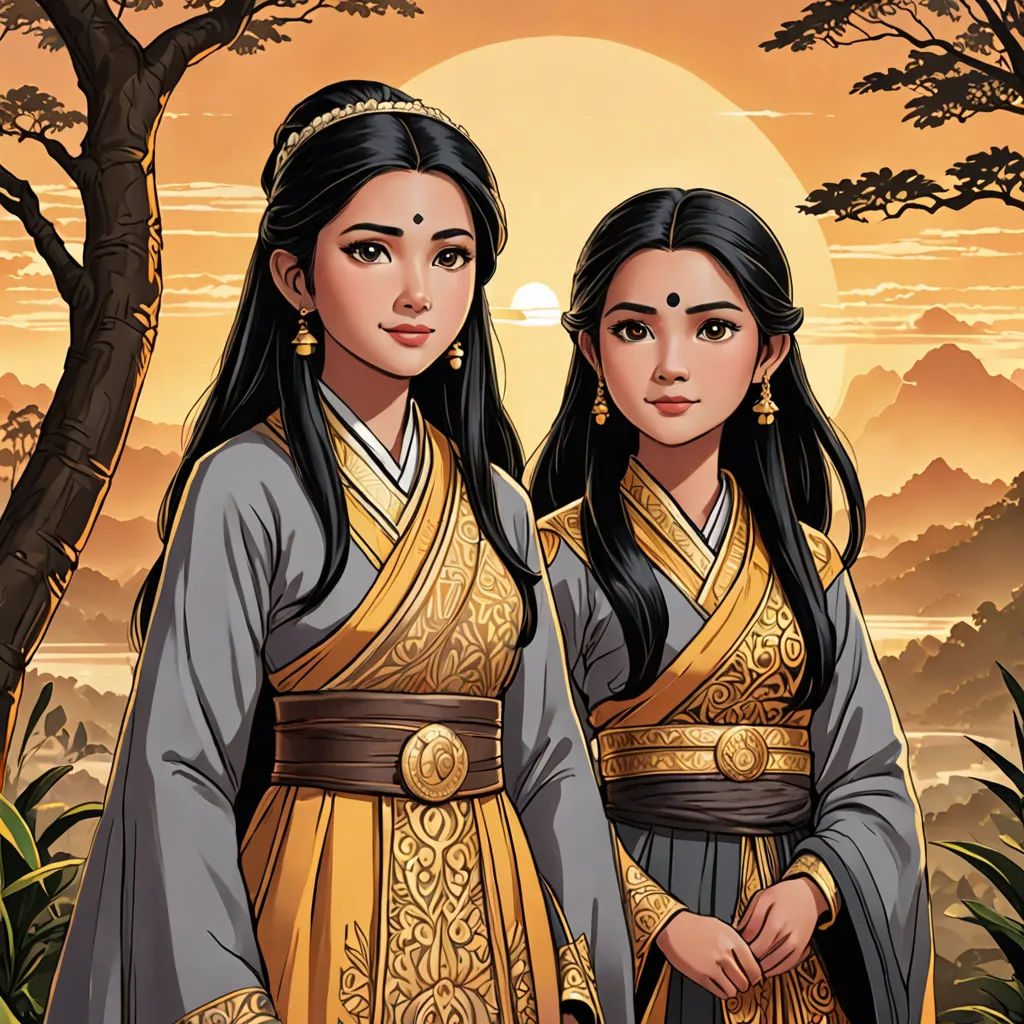 two asian women in traditional dress standing in front of a sunset with trees and mountains in the background, with a full moon in the sky, fantasy art, a comic book panel, Dai Xi, official art