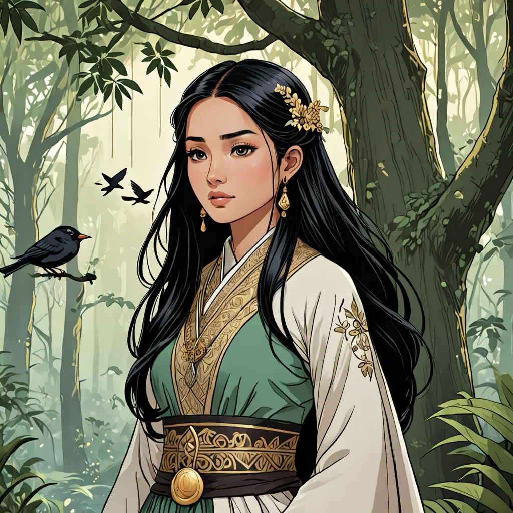 a woman in a green and gold dress standing in a forest with a bird on her shoulder and a bird on her shoulder, fantasy art, a character portrait, Chen Chun, beautiful detailed