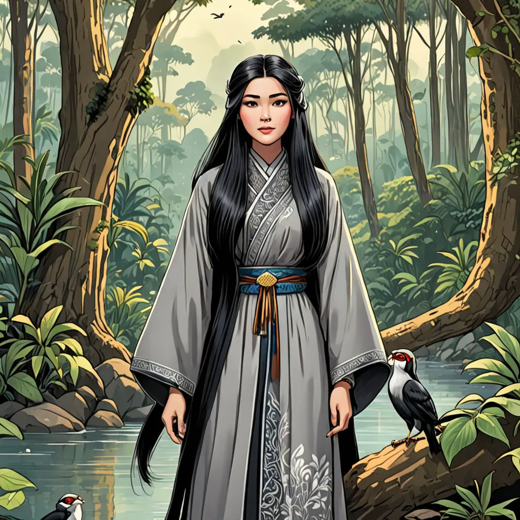 a woman in a long dress standing in a forest next to a bird and a stream with birds on it, fantasy art, a character portrait, Chen Hong, character portrait