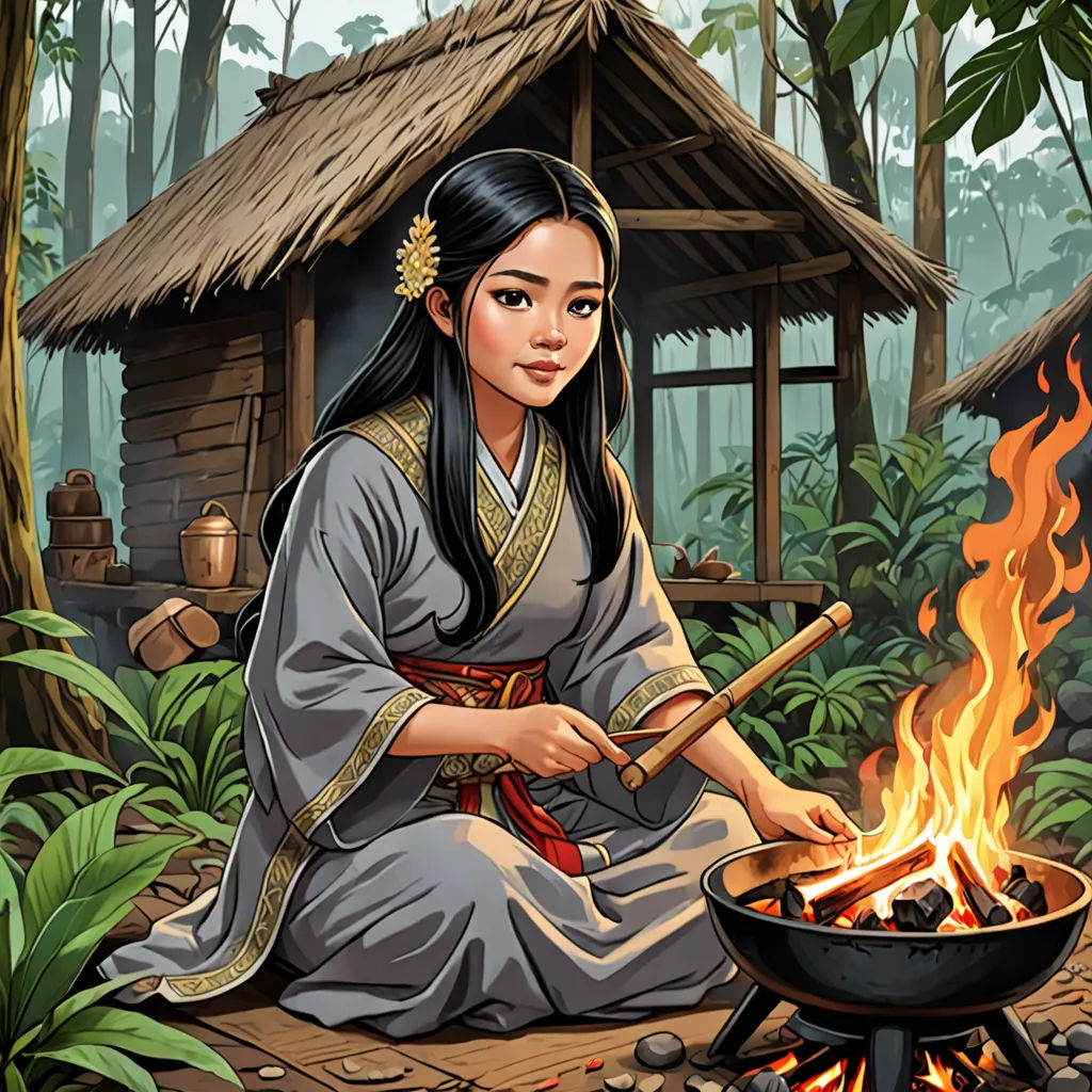 a woman sitting on the ground next to a fire pit with a pot on it and a hut in the background, fantasy art, a character portrait, Ding Guanpeng, high detail illustration