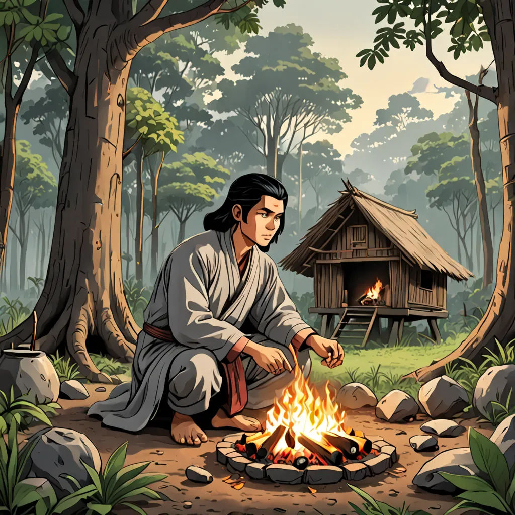 a man sitting in front of a fire in a forest next to a hut with a thatched roof, primitivism, a character portrait, Ding Guanpeng, official art