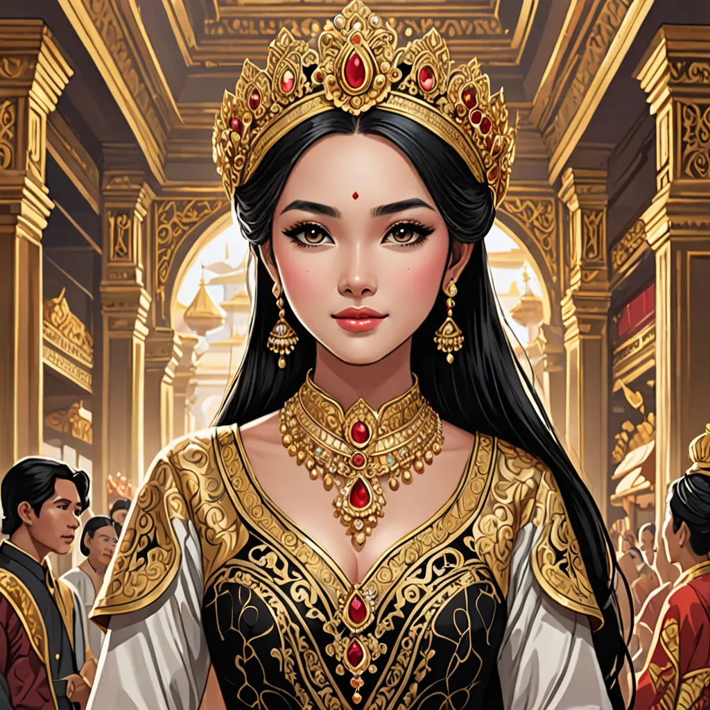 a woman in a golden and black outfit with a crown on her head and other people in the background, fantasy art, a character portrait, Altoon Sultan, beautiful detailed