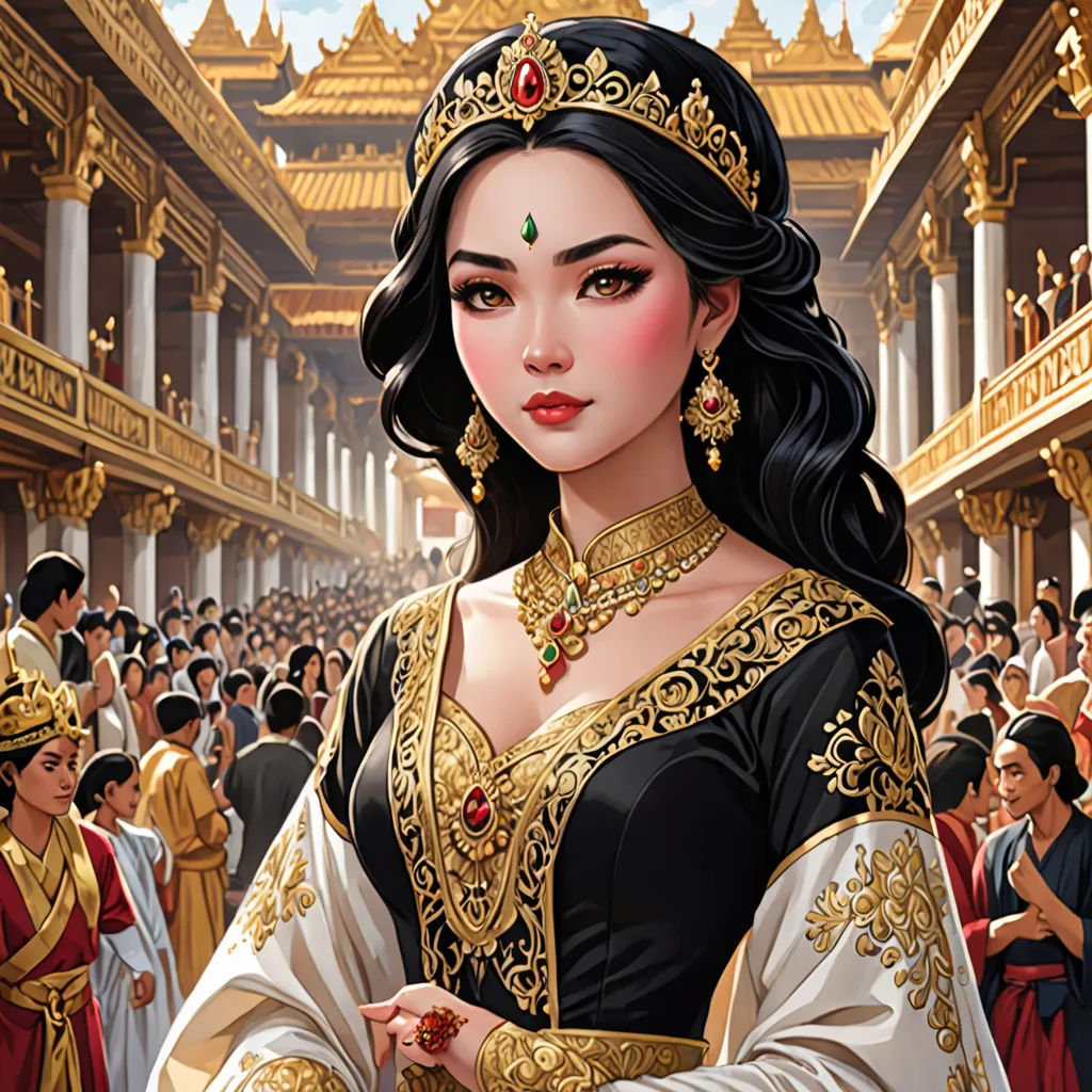 a woman in a black and white dress with a crown on her head and a crowd of people in the background, fantasy art, a detailed painting, Altoon Sultan, beautiful detailed