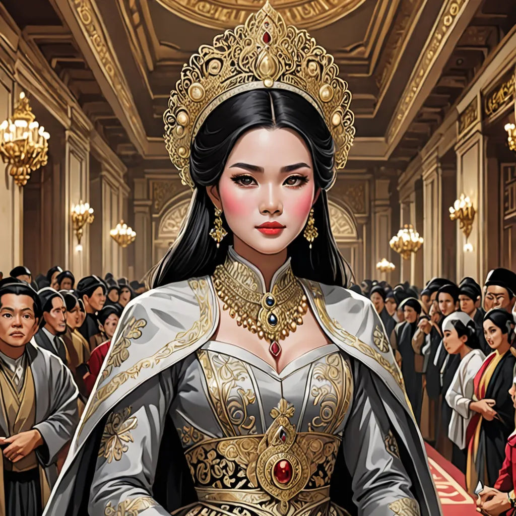a woman in a golden and silver dress with a crown on her head and a crowd of people behind her, fantasy art, a detailed painting, Chen Chun, highly detailed digital painting