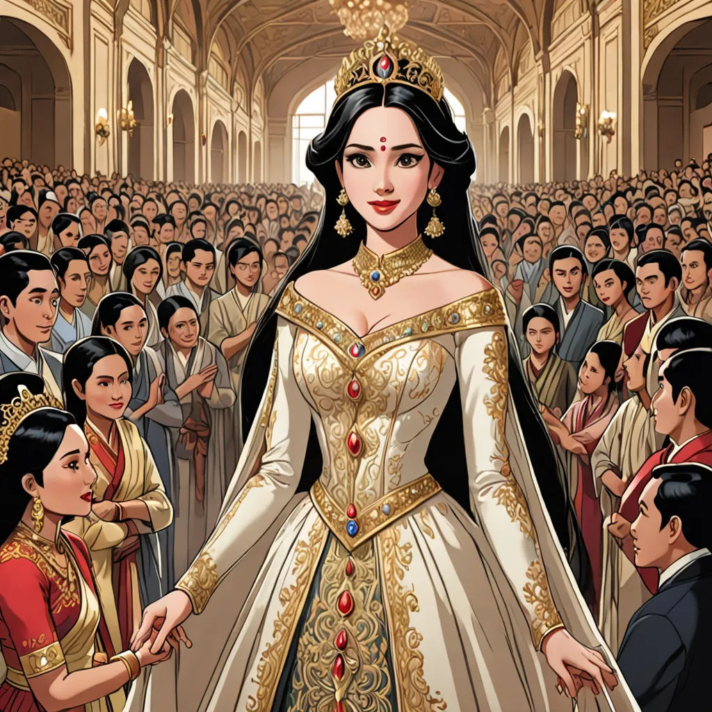 a woman in a white dress surrounded by people in a hall with a crown on her head and a crown on her head, fantasy art, a comic book panel, Altoon Sultan, official art