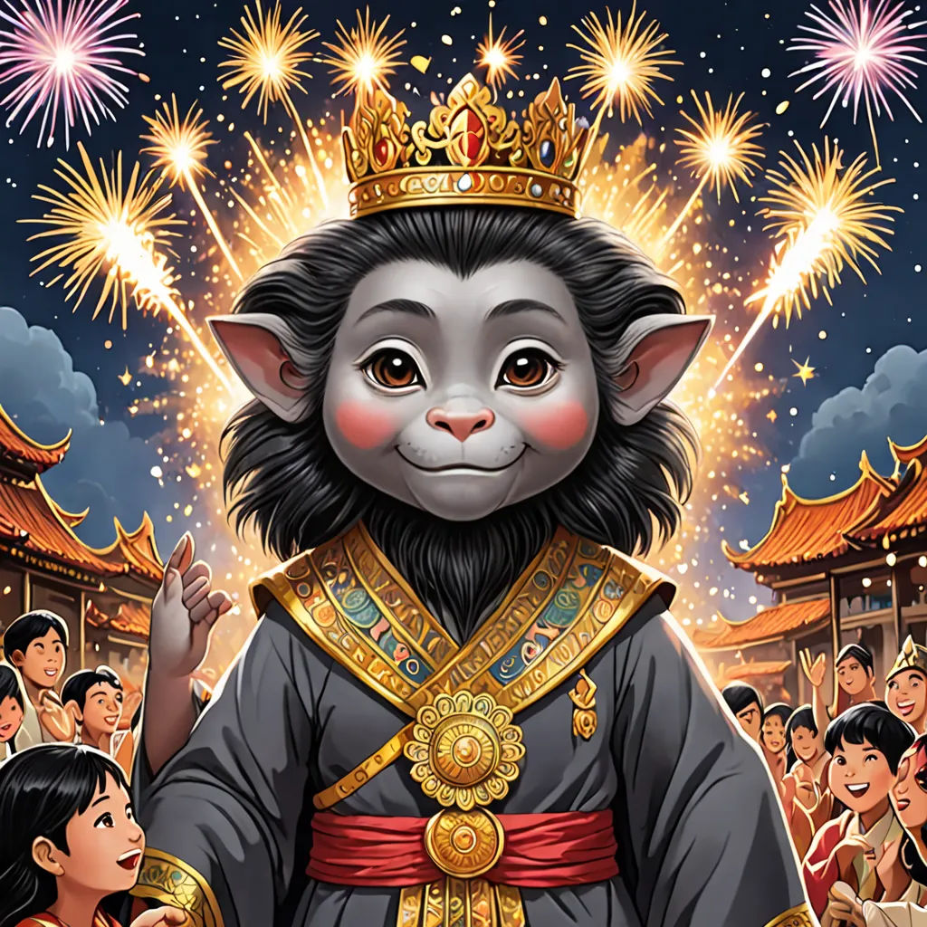 a monkey wearing a crown surrounded by fireworks and people in a chinese temple with fireworks in the background and a crowd of people, furry art, a storybook illustration, Ding Guanpeng, official art