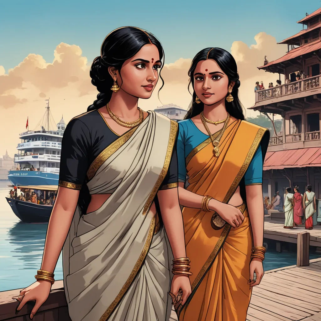 two women in saris standing next to a body of water with a boat in the background and a building in the background, bengal school of art, a comic book panel, Ella Guru, comic cover art