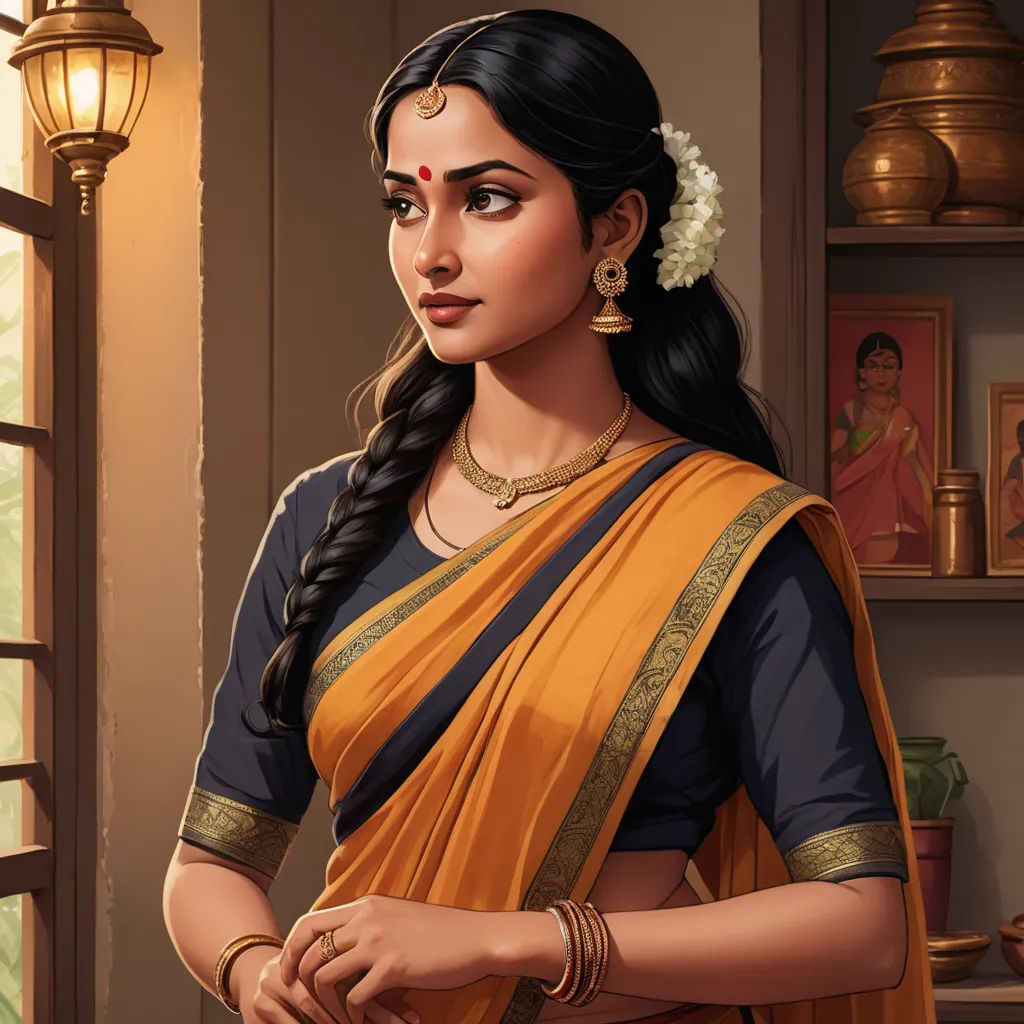 a woman in a sari is standing near a window with a lamp on the wall behind her and a painting of a woman in the background, samikshavad, a detailed painting, Ella Guru, high detail illustration