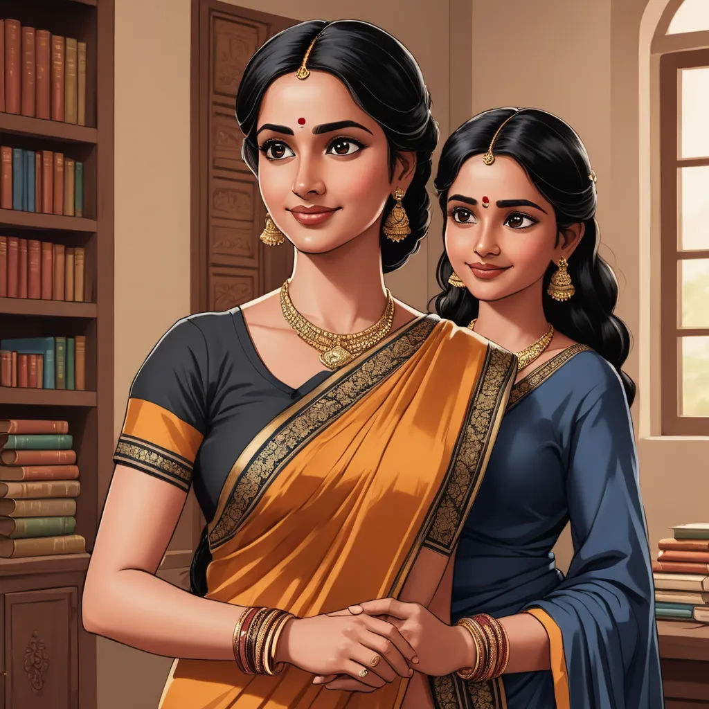 a couple of women standing next to each other in a room with bookshelves and a window behind them, bengal school of art, a storybook illustration, Ella Guru, promotional image