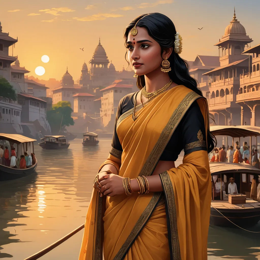 a woman in a sari standing on a boat in a river with a sunset in the background and a boat in the water, fantasy art, a detailed matte painting, Ella Guru, game art