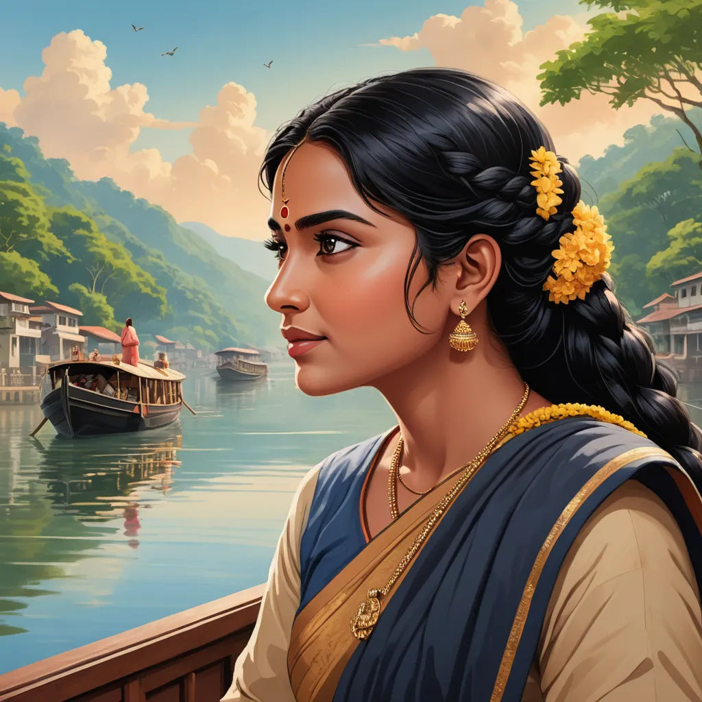 a painting of a woman looking out over a river with a boat in the background and a man on a boat in the water, fantasy art, a detailed painting, Ella Guru, high detail illustration