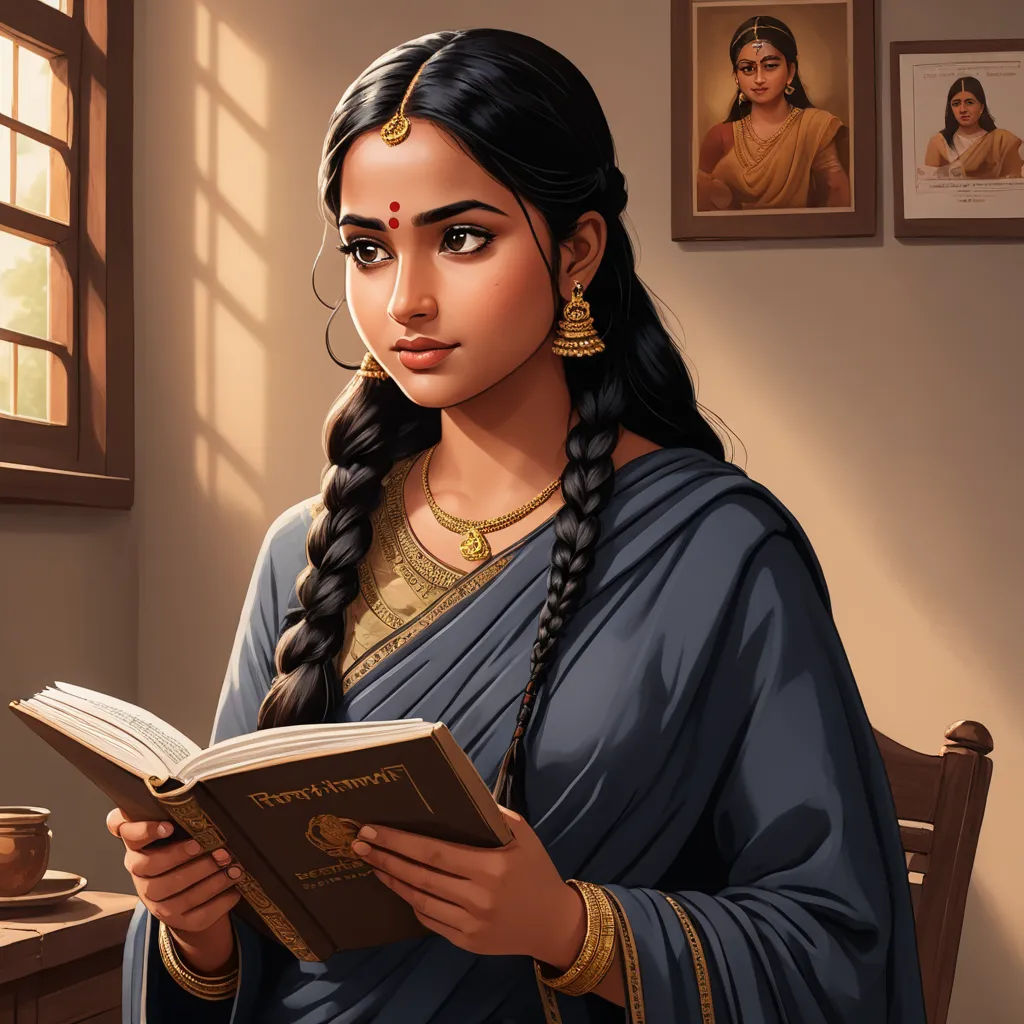 a woman in a blue sari is reading a book in a room with pictures on the wall and a window, fantasy art, a storybook illustration, Ella Guru, high detail illustration