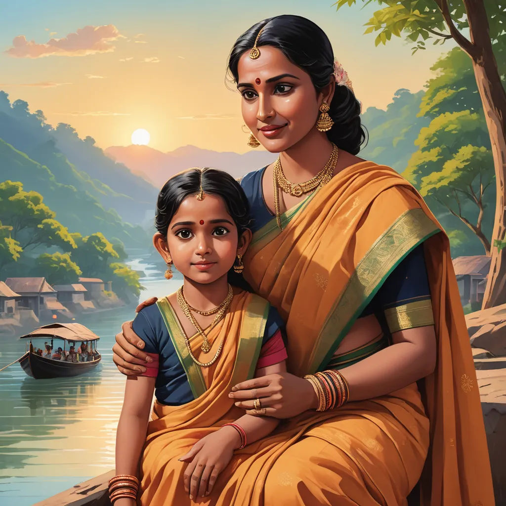 a painting of a woman and child in a boat on a river with a sunset in the background and a boat in the water, samikshavad, a storybook illustration, Ella Guru, highly detailed digital painting