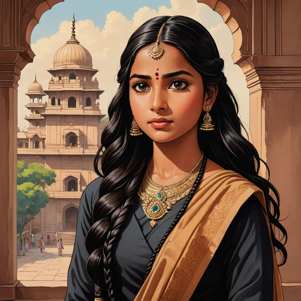 a painting of a woman in a black and gold outfit with a temple in the background and a sky background, fantasy art, a detailed painting, Charlie Bowater, highly detailed digital painting