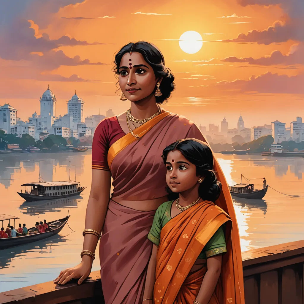 a painting of a woman and child standing on a bridge over a river with a city in the background, bengal school of art, a storybook illustration, Ella Guru, comic cover art