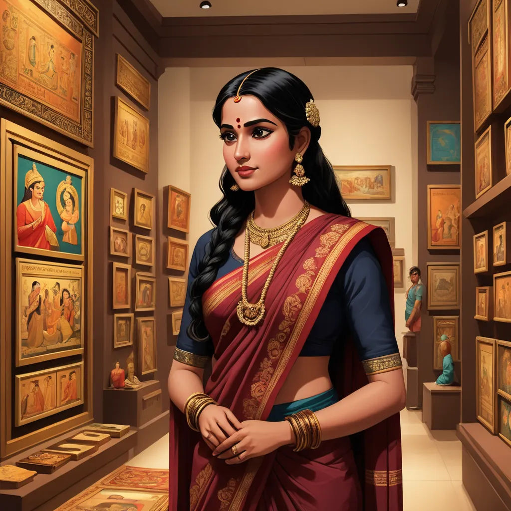 a woman in a sari standing in a museum looking at paintings on display on the walls and a man in a blue shirt, bengal school of art, a detailed painting, Ella Guru, classical painting