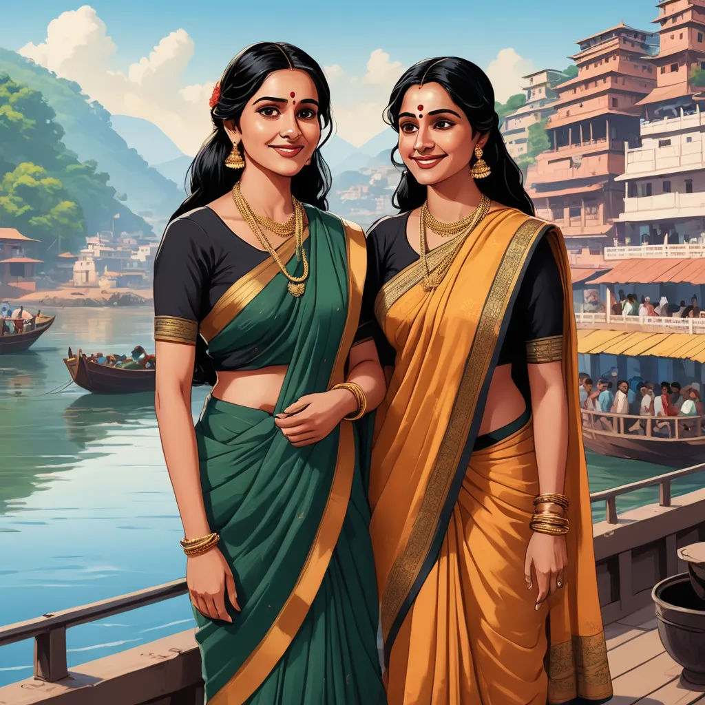 two women in sari standing next to each other near a river with boats on it and a city in the background, samikshavad, a storybook illustration, Ella Guru, official art