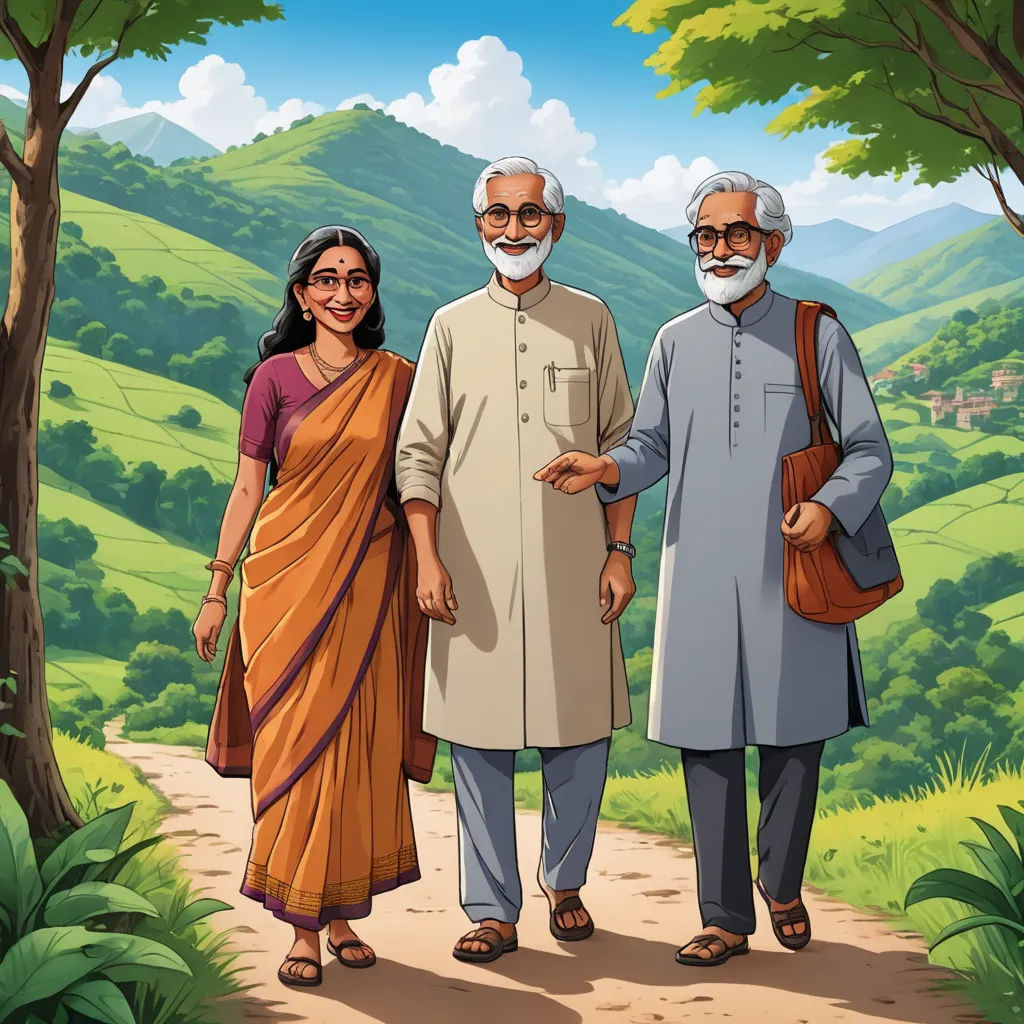 a couple of people standing next to each other on a dirt road in front of a lush green hillside, samikshavad, a storybook illustration, Bholekar Srihari, promotional image