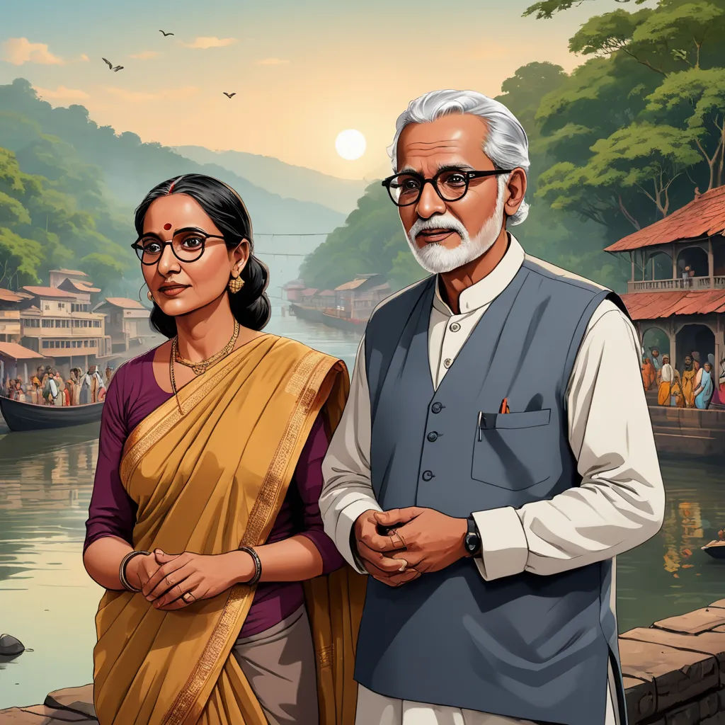 a man and woman standing next to each other near a river with a boat in the background and a sunset, samikshavad, a storybook illustration, Bholekar Srihari, promotional image