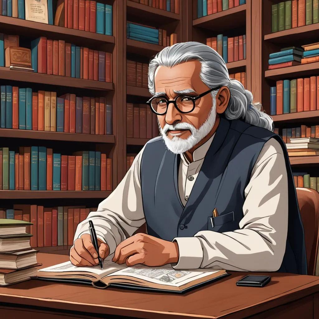 a man sitting at a desk with a book and pen in his hand and a bookcase behind him, academic art, an illustration of, Abdur Rahman Chughtai, official art