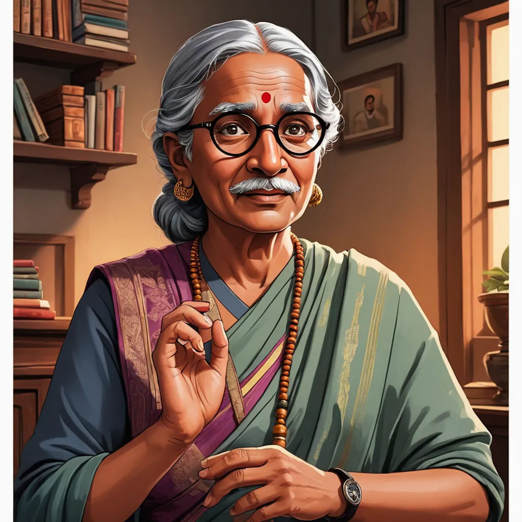 a painting of a woman with glasses and a necklace on her neck and a bookcase behind her, and a window behind her, samikshavad, a character portrait, Ella Guru, maya