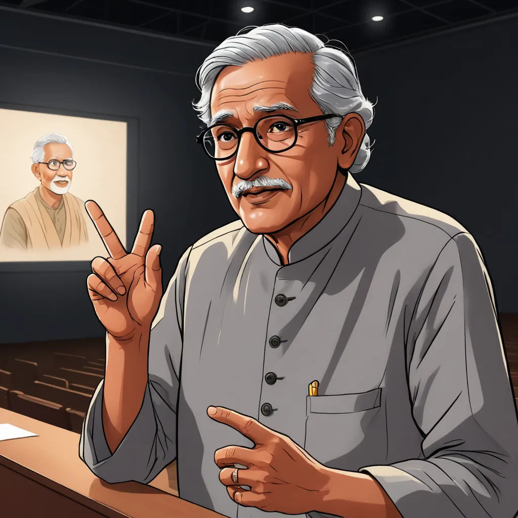 a man in a gray shirt and glasses pointing at a picture of a man in a gray shirt and glasses, samikshavad, a detailed painting, Bholekar Srihari, official art
