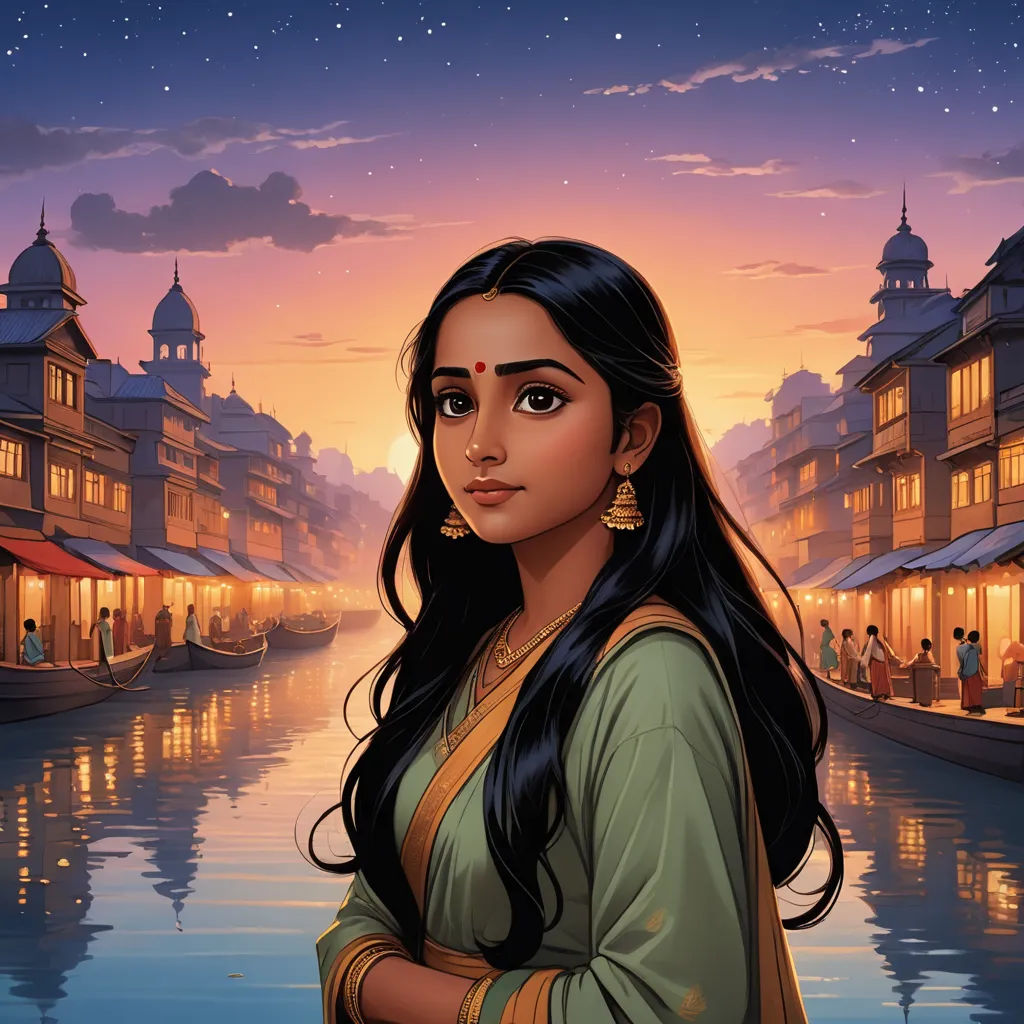 a woman standing in front of a river with buildings on both sides of her face and a sky with stars, fantasy art, a comic book panel, Ella Guru, comic cover art