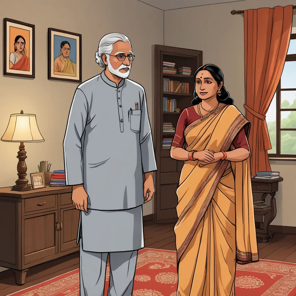 a cartoon of a man and woman standing in a living room with a red rug and a painting of a man in a blue suit, samikshavad, a storybook illustration, Bholekar Srihari, movie still frame