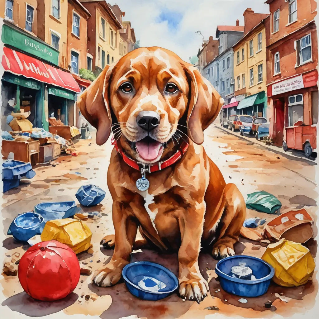 a painting of a dog sitting on the ground with a bowl of water in front of it and a ball in the foreground, american scene painting, a watercolor painting, Carol Sutton, in gouache detailed paintings