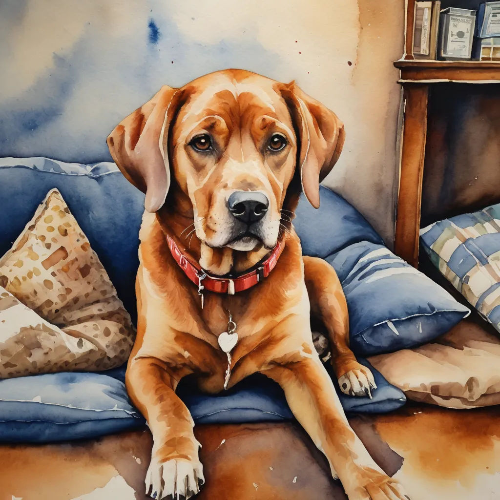 a dog is sitting on a couch with pillows and a pillow case behind it, and a painting of a dog on the couch, photorealism, a watercolor painting, Alison Kinnaird, detailed painting