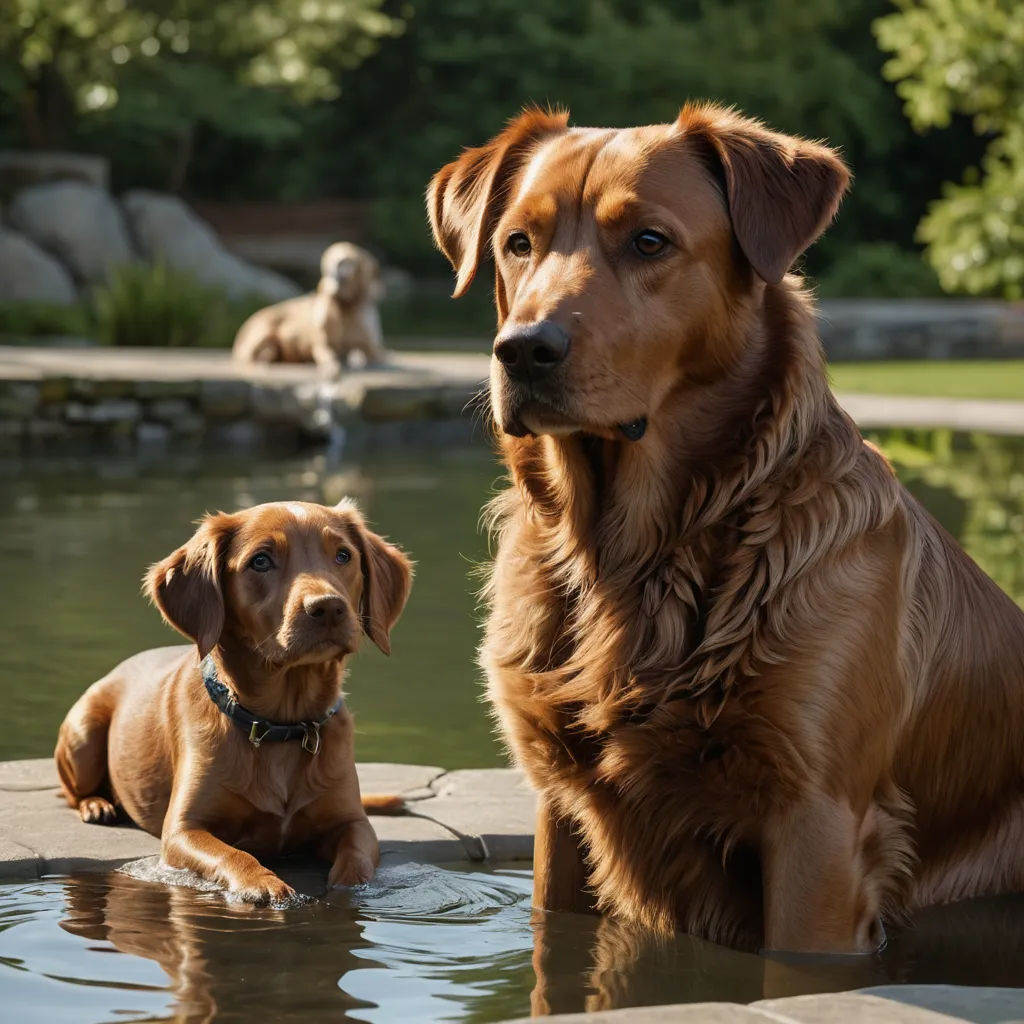 two dogs are sitting in a pond with their reflection in the water and one is looking at the camera, renaissance, a renaissance painting, David Budd, promotional image