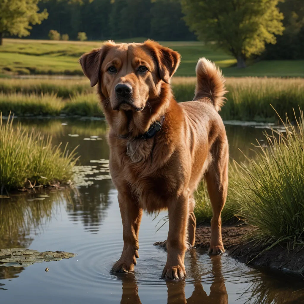 a dog standing in a pond with grass and trees in the background and a pond with water in the foreground, photorealism, a stock photo, Elke Vogelsang, animal photography