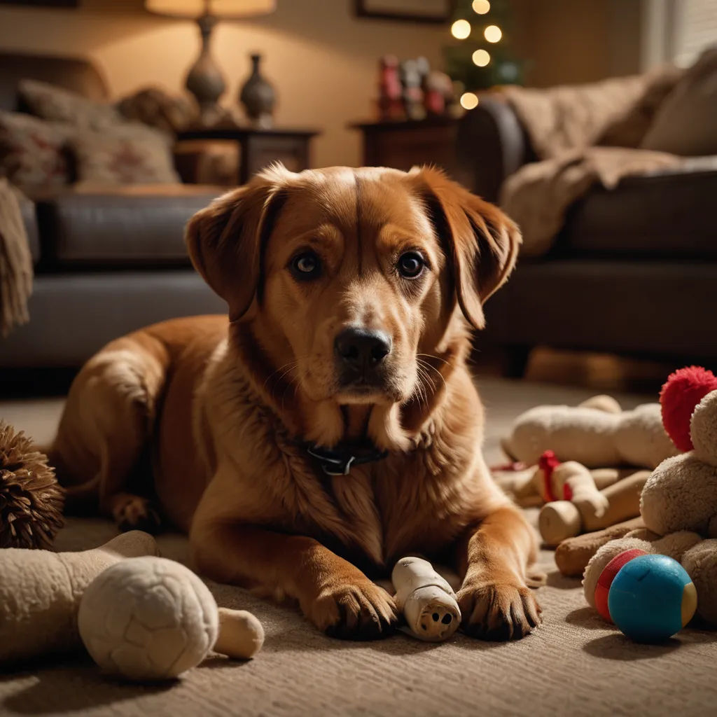 a dog laying on the floor surrounded by toys and a couch in the background with a christmas tree in the background, maximalism, a tilt shift photo, Elke Vogelsang, toy