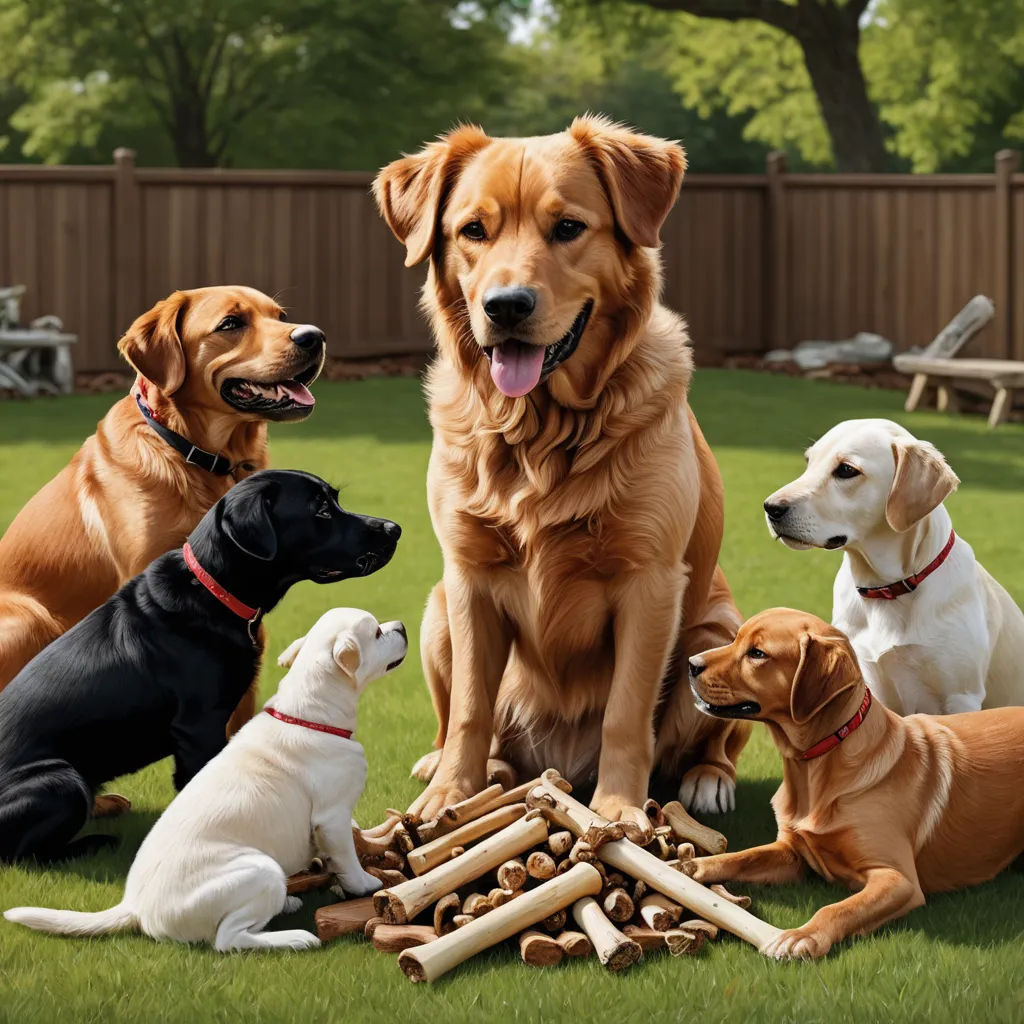 a group of dogs sitting on top of a lush green field next to a pile of logs and sticks, american scene painting, a jigsaw puzzle, Doug Ohlson, promotional image