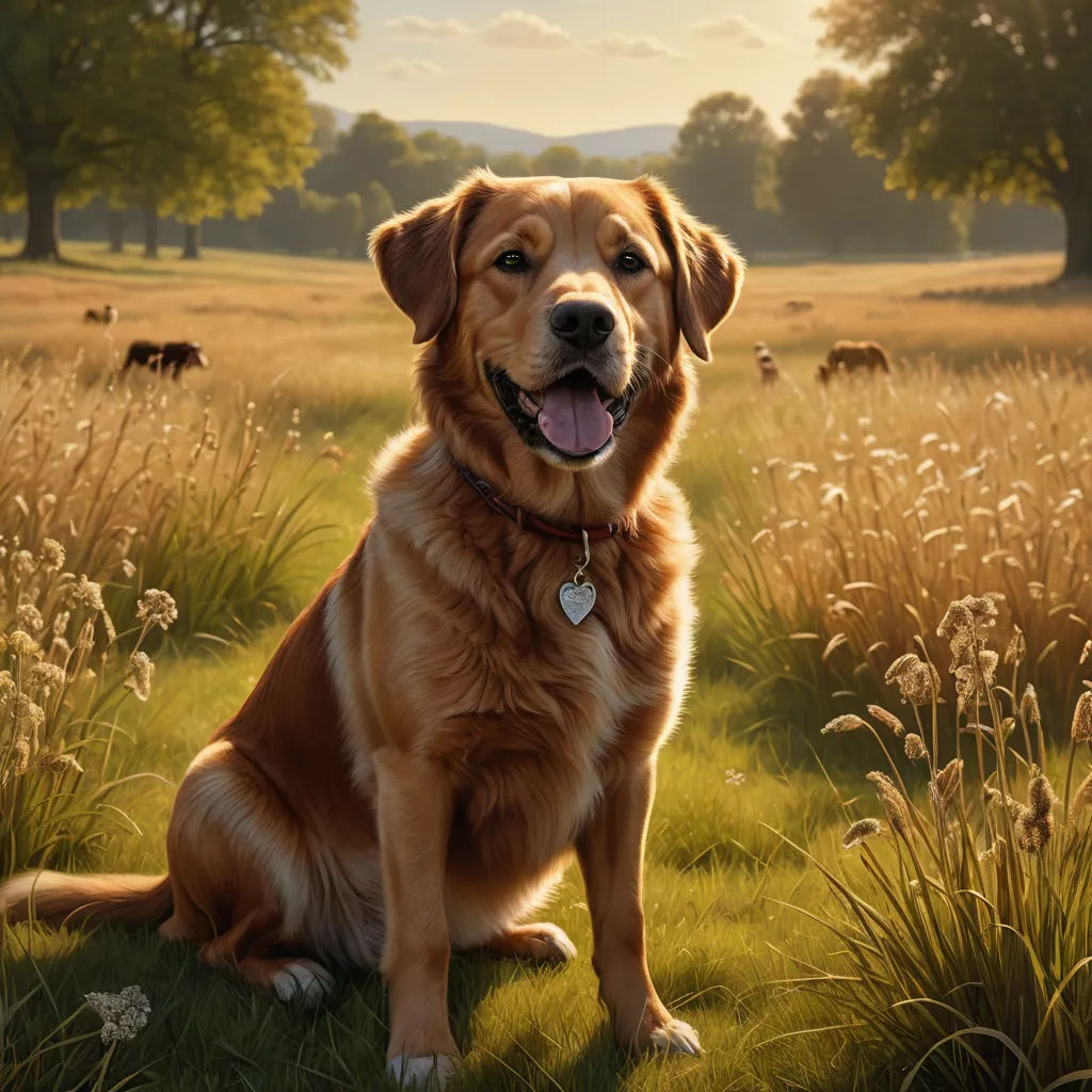 a dog sitting in a field of grass with a sky background and trees in the background, with a dog tag in the foreground, photorealism, a photorealistic painting, Chris LaBrooy, cgstudio