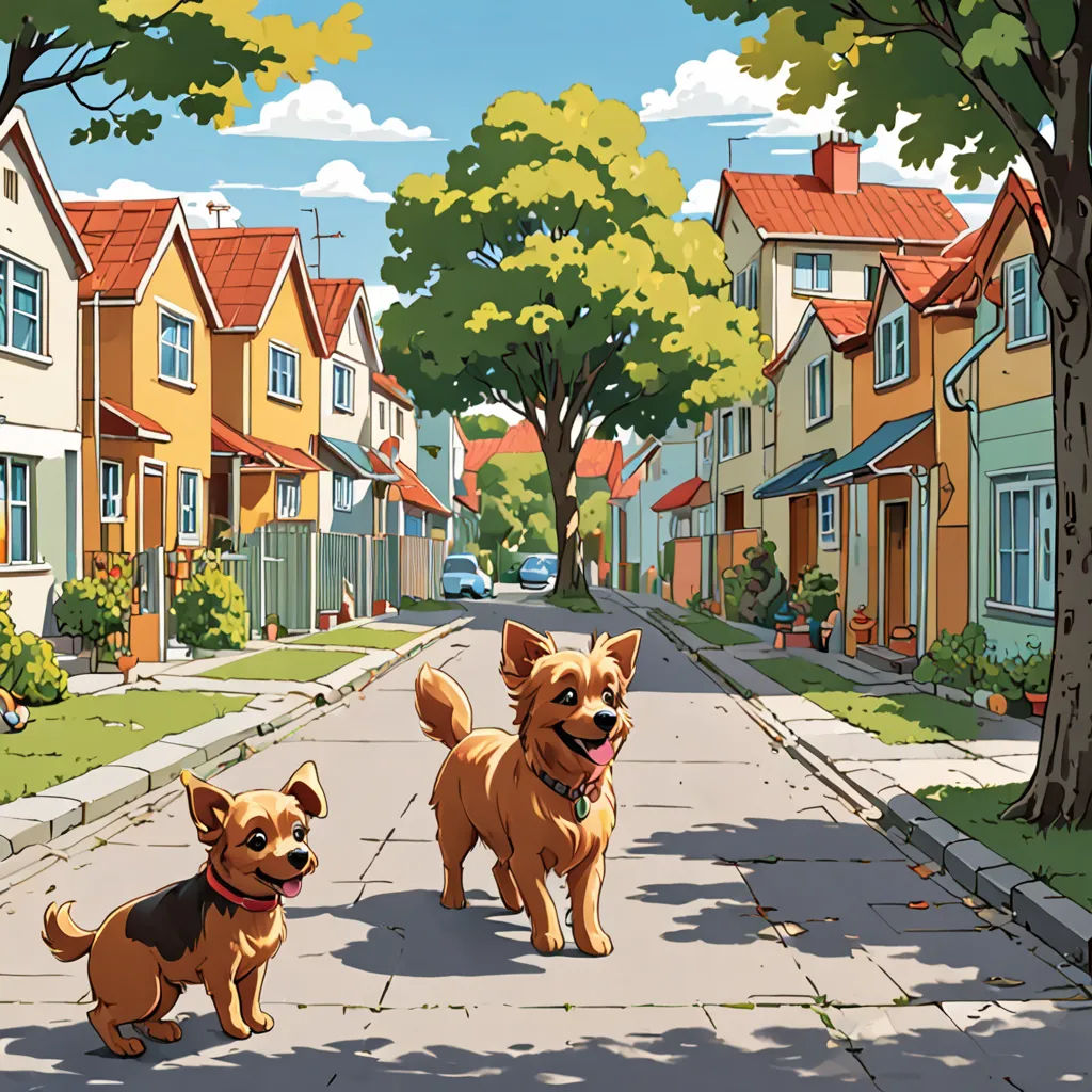 two dogs are walking down a street in a neighborhood with houses and trees on either side of the street, american scene painting, a comic book panel, Colin Middleton, official art