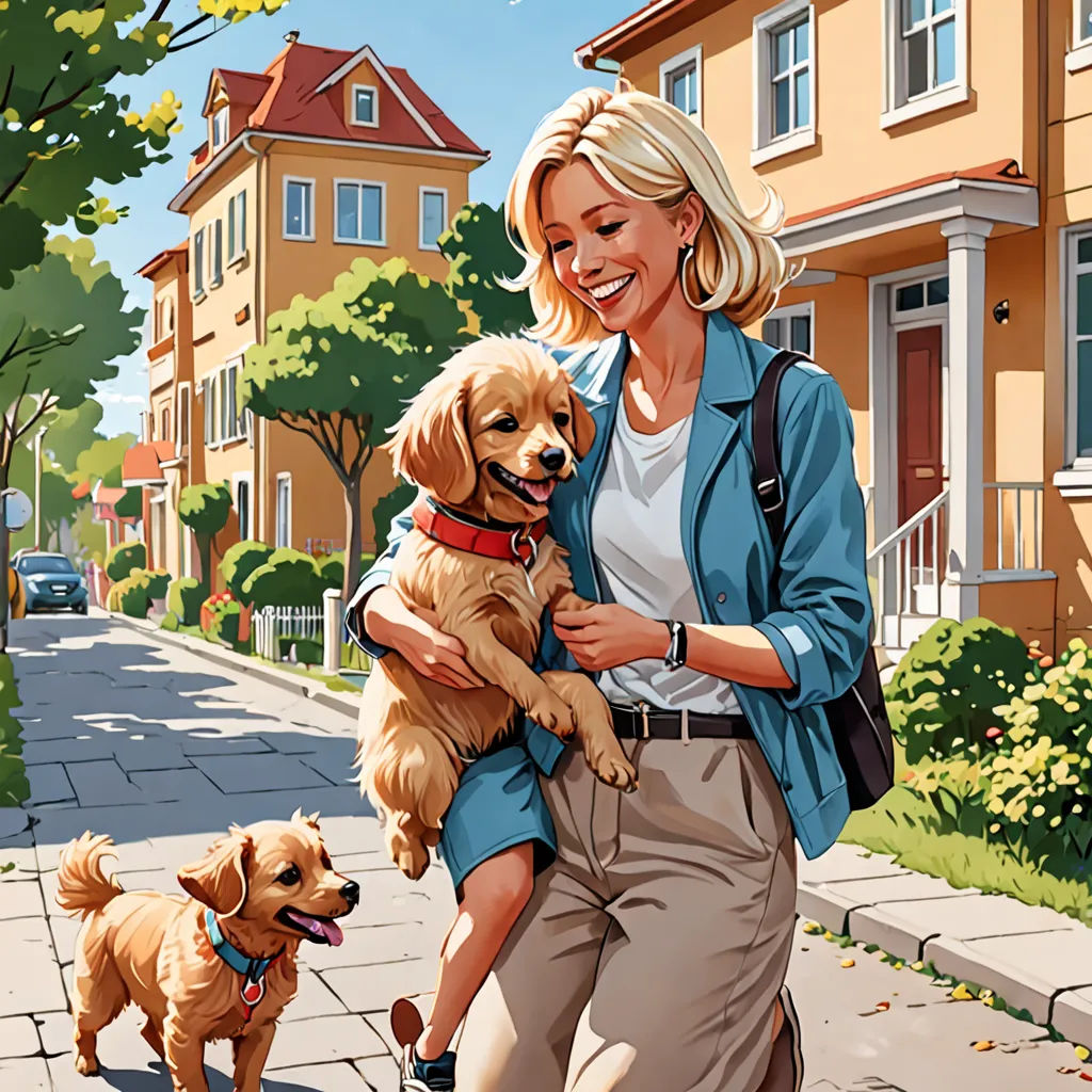 a woman walking a dog down a sidewalk next to a house and a dog on a leash on a leash, american scene painting, a storybook illustration, F Scott Hess, kinkade