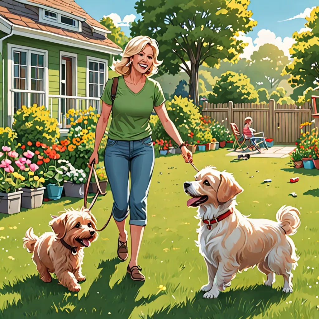 a woman walking two dogs in a yard with a house in the background and a dog on a leash, american scene painting, a storybook illustration, F Scott Hess, official art