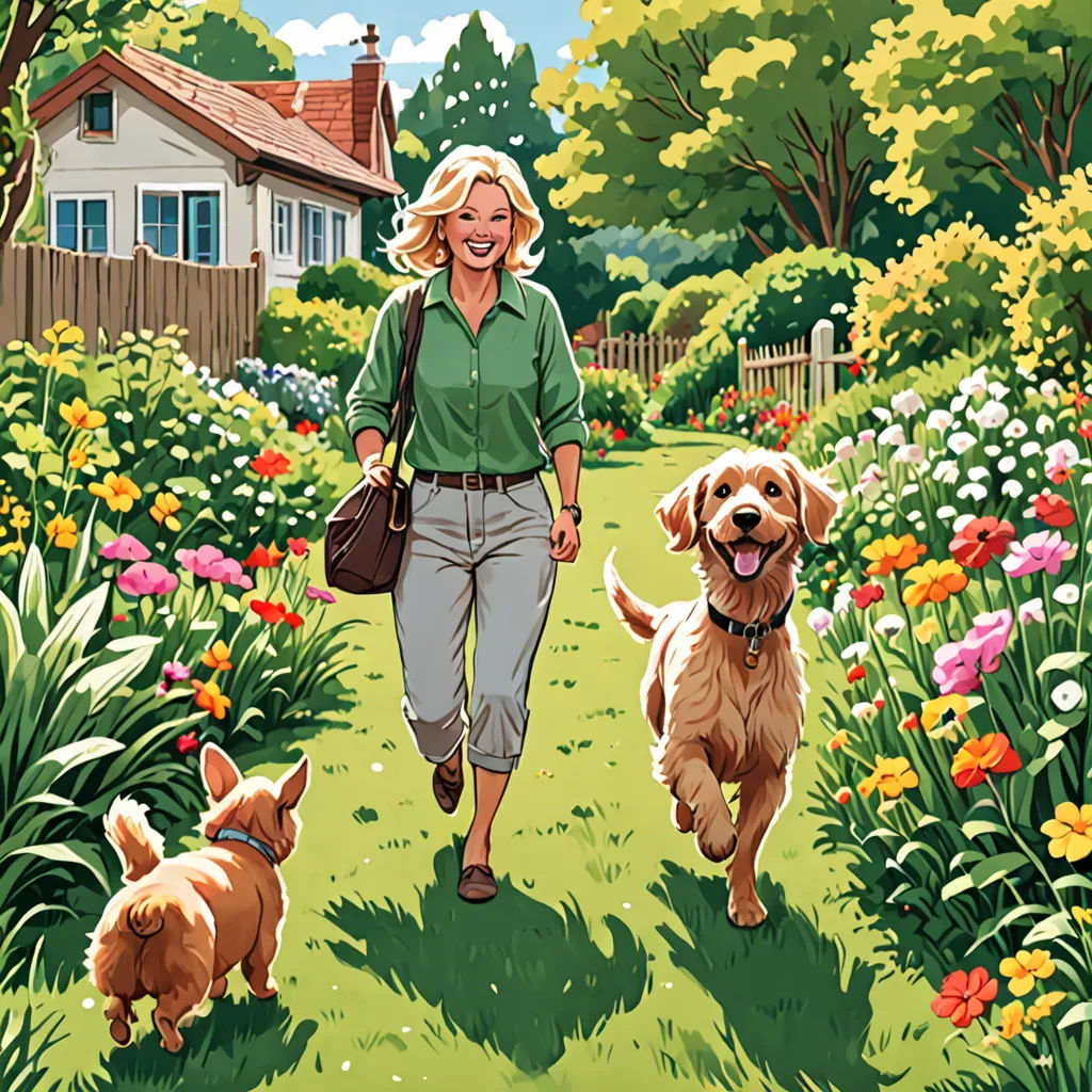 a woman walking two dogs in a garden with flowers and a house in the background, with a dog following her, american scene painting, a comic book panel, Colin Middleton, comic cover art