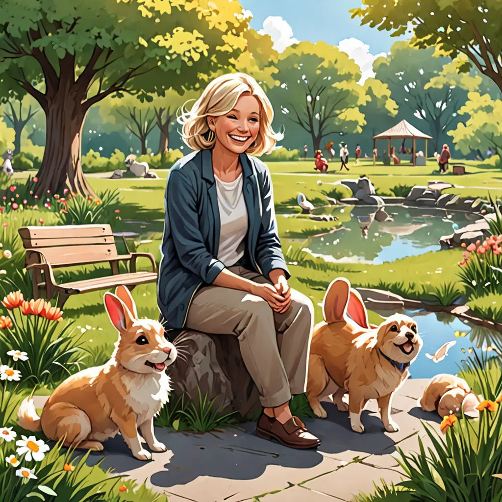 a woman sitting on a bench next to two dogs and a pond with flowers in it and a dog sitting on the ground, american scene painting, a storybook illustration, Constance Gordon-Cumming, key art
