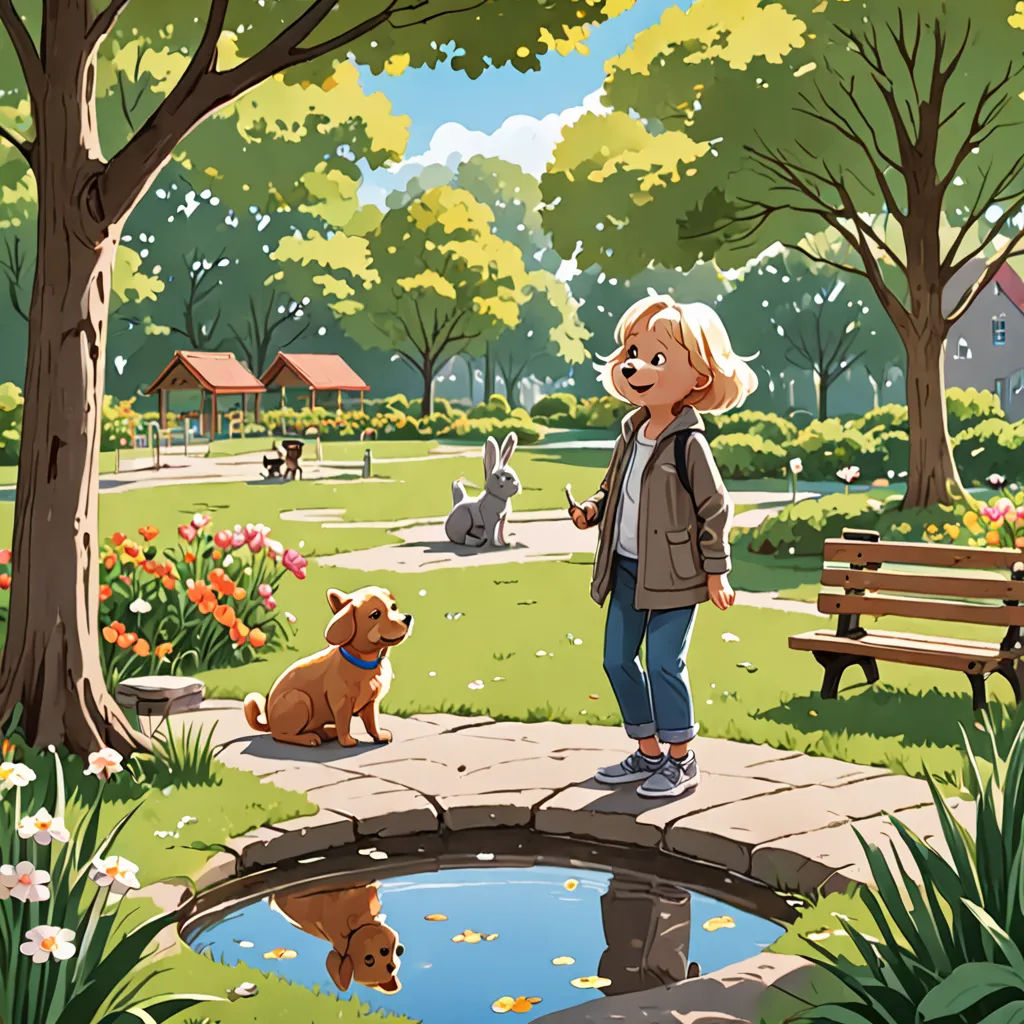 a woman standing on a bridge with a dog and a rabbit in the park behind her, and a dog looking at her reflection in the water, plein air, a storybook illustration, Chris LaBrooy, official art