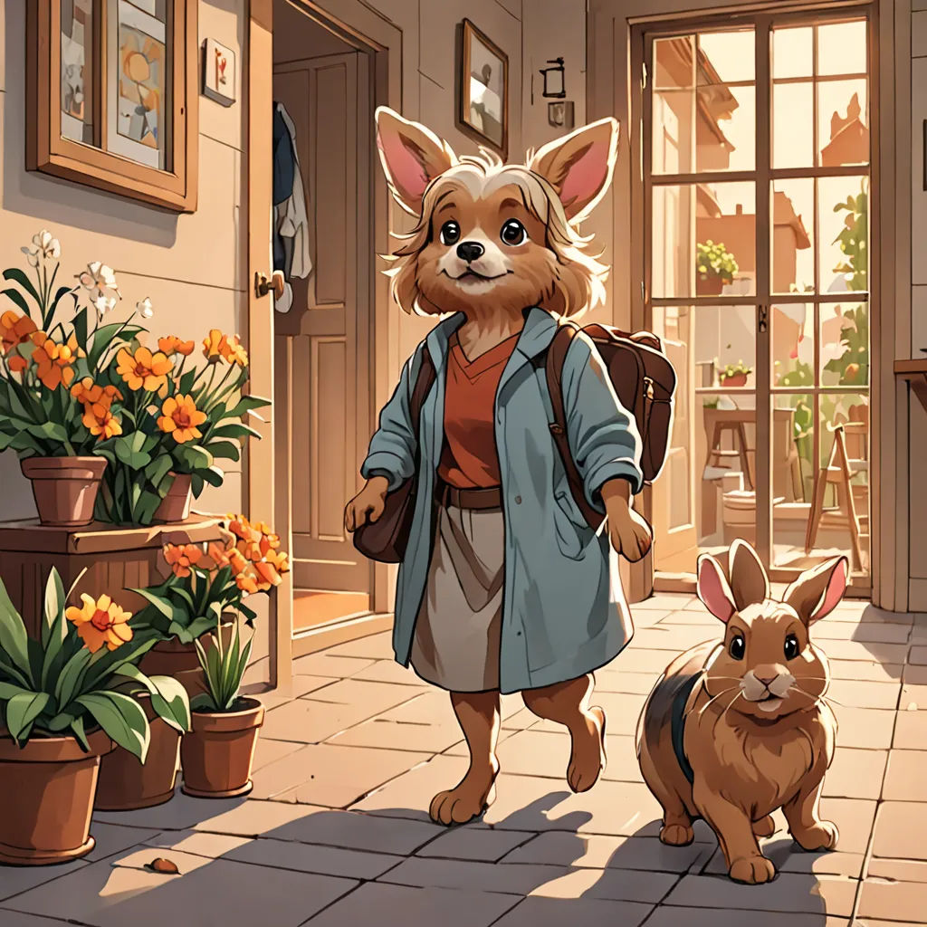 a dog and a rabbit are walking in a room with flowers and potted plants on the floor and a woman is walking by, furry art, a comic book panel, Beatrix Potter, official art