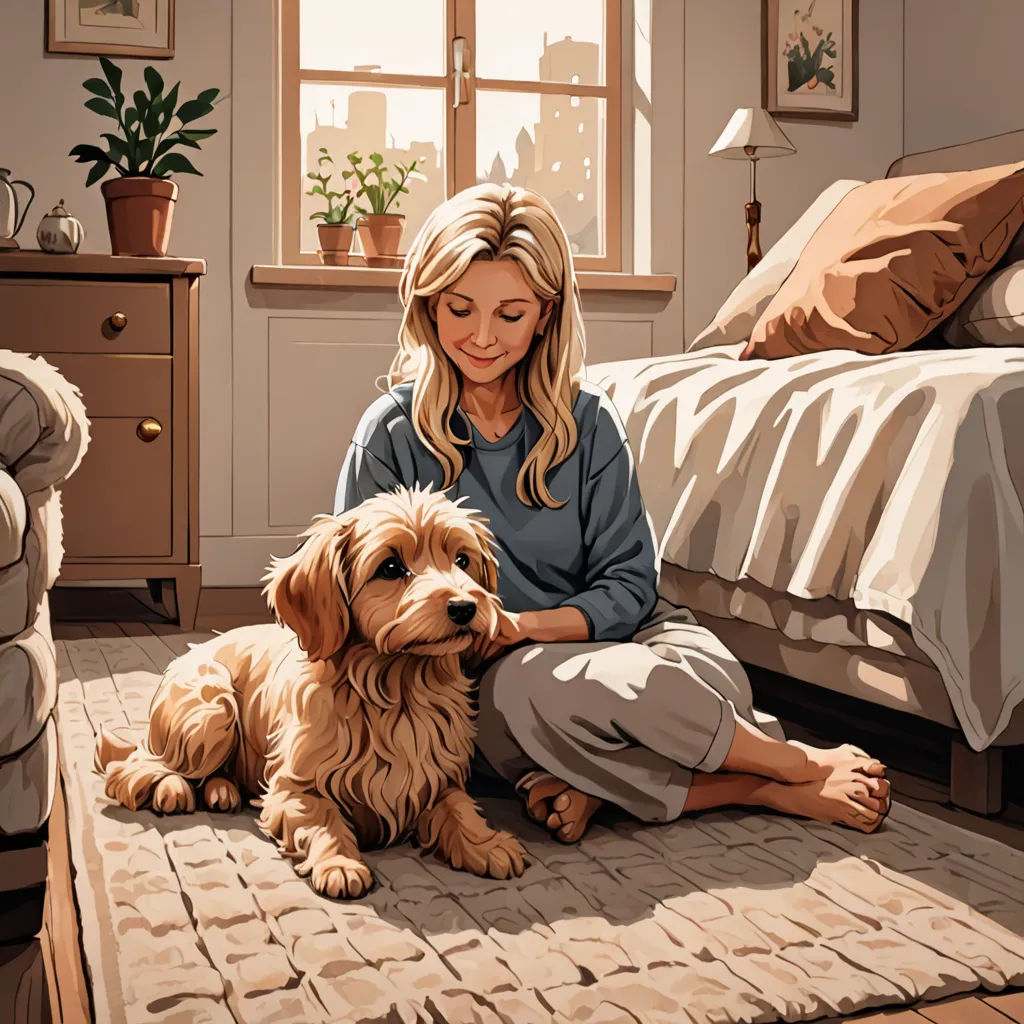 a woman sitting on the floor with a dog in front of her on a rug in a bedroom with a bed and a dresser, photorealism, a comic book panel, Colin Middleton, high detail illustration