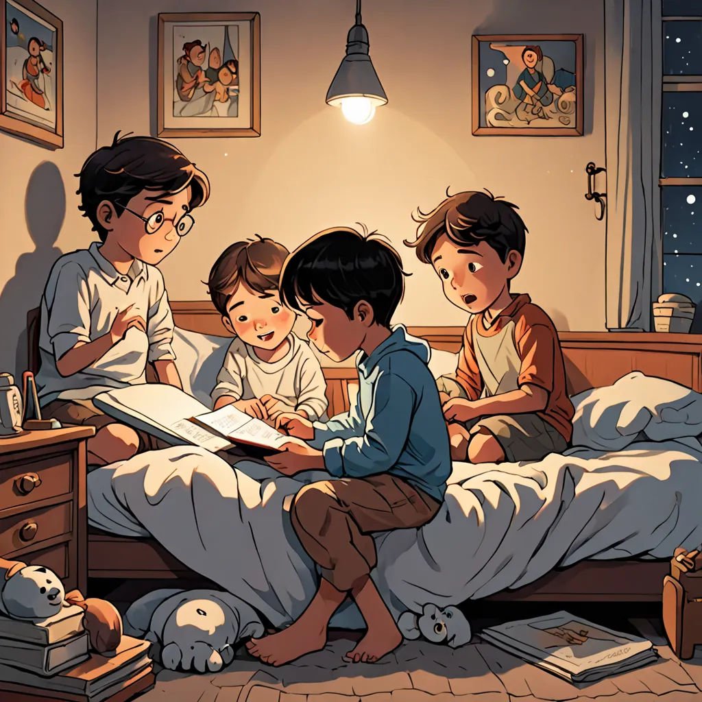 a family reading a book in bed at night time, with a dog nearby and a lamp on the wall, art & language, a storybook illustration, Arthur Pan, storybook illustration
